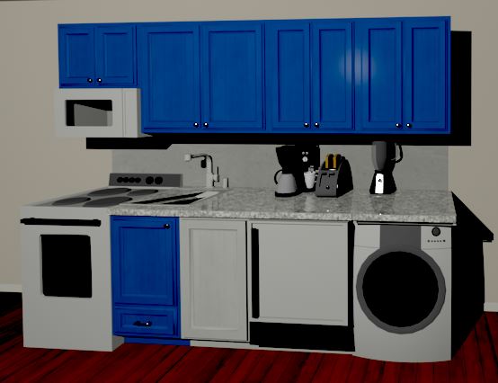 Rendered compact kitchen showing appliances, cabinets, counters, and work areas