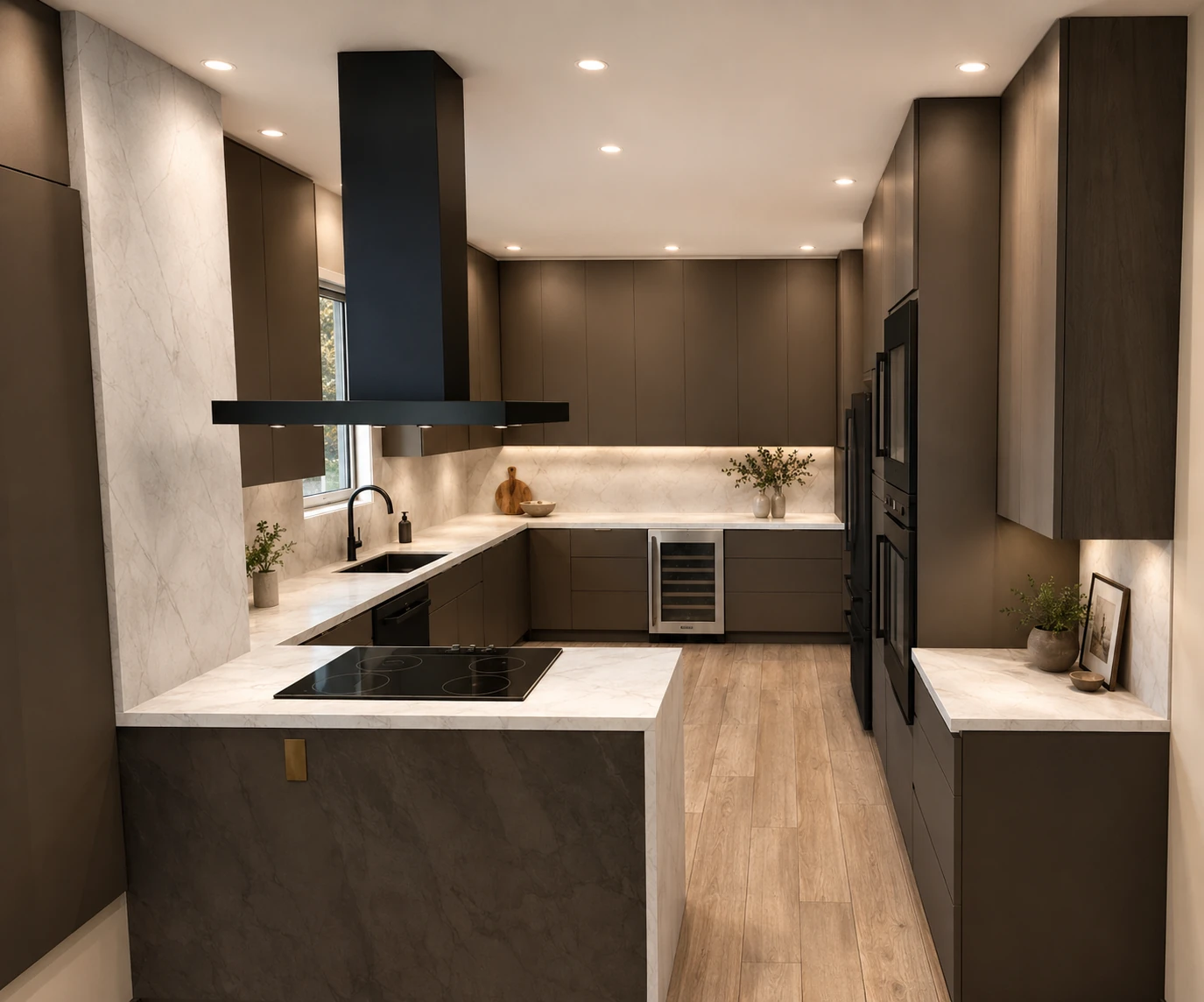 High-end rendering of a contemporary kitchen with dark flat-panel cabinetry, pale stone counters, peninsula cooktop, integrated appliances, and warm wood flooring