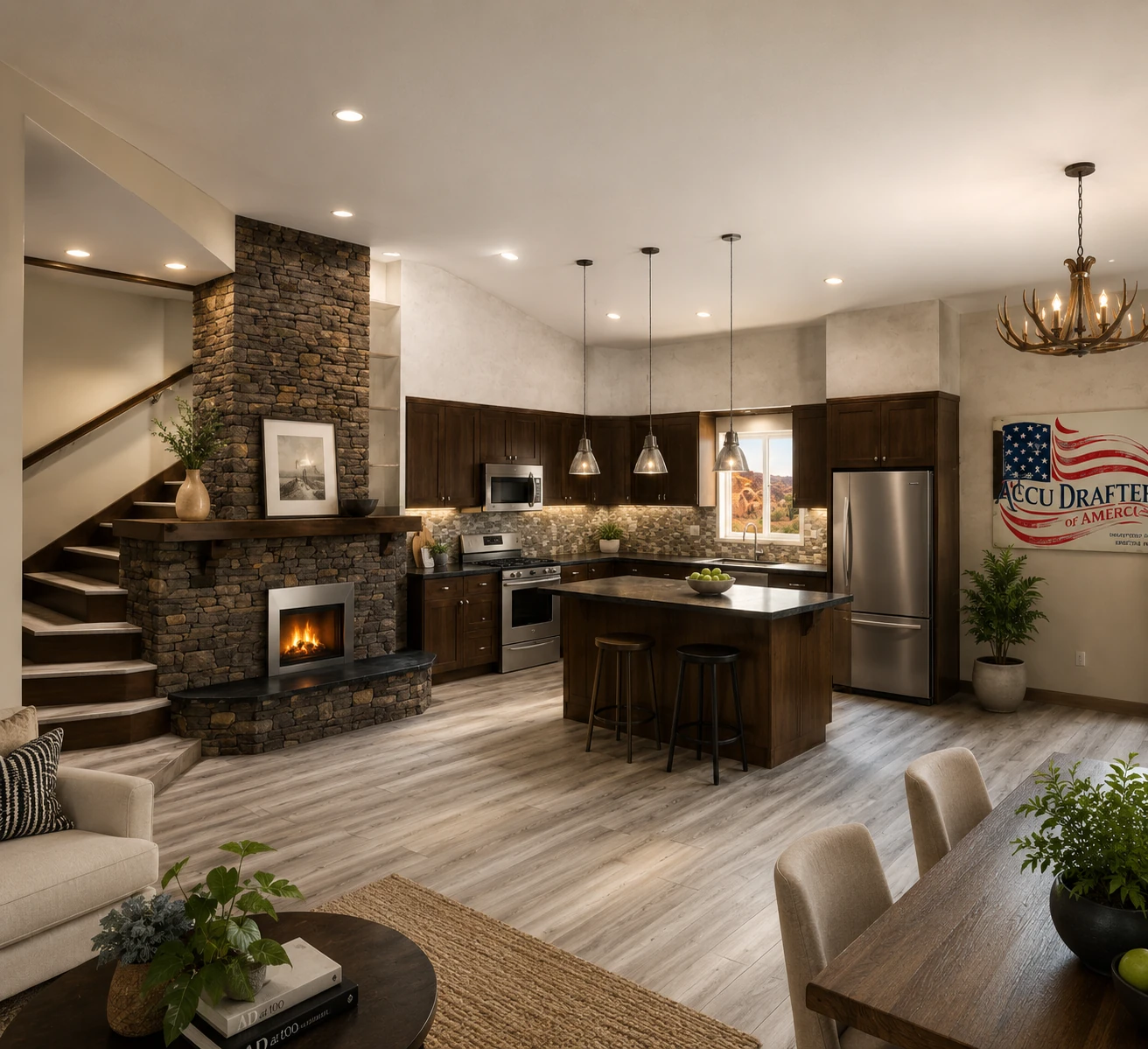 High-end interior rendering of an open kitchen and living area with dark wood cabinets, island, stone fireplace, staircase, dining area, and recessed lighting