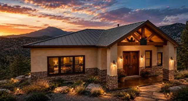 High-end rendering of a New Mexico mountain residence near Datil with timber entry truss, stone veneer, metal roof, warm lighting, and mountain sunset