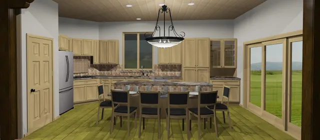 Rendered kitchen with large island, cabinetry, lighting, and patio doors