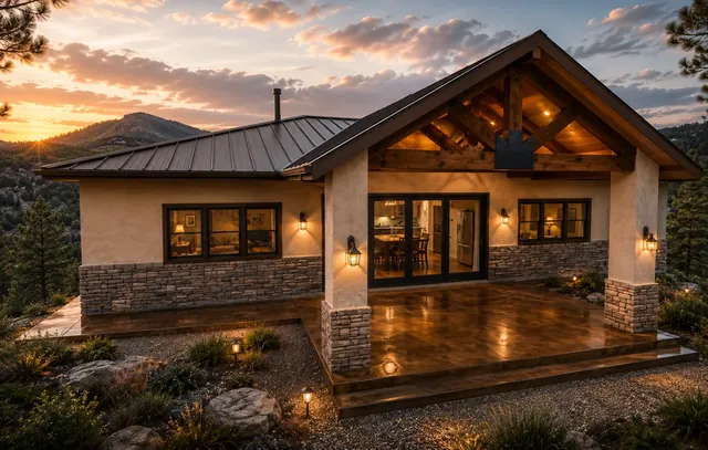 High-end rendering of a mountain residence with timber-framed covered patio, stone base, metal roofs, warm lighting, and forested mountain views