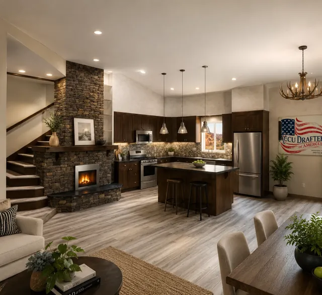 High-end interior rendering of an open kitchen and living area with dark wood cabinets, island, stone fireplace, staircase, dining area, and recessed lighting