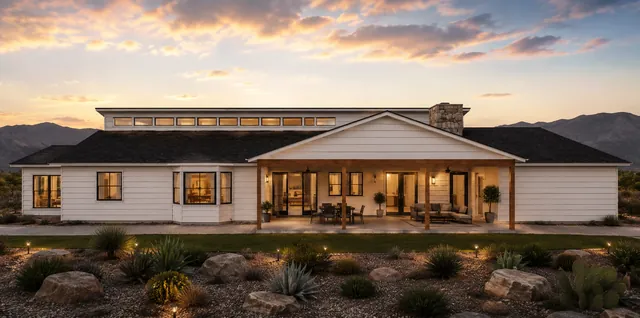 High-end rear rendering of a custom New Mexico residence with clerestory windows, covered patio, outdoor seating, and mountain views at sunset