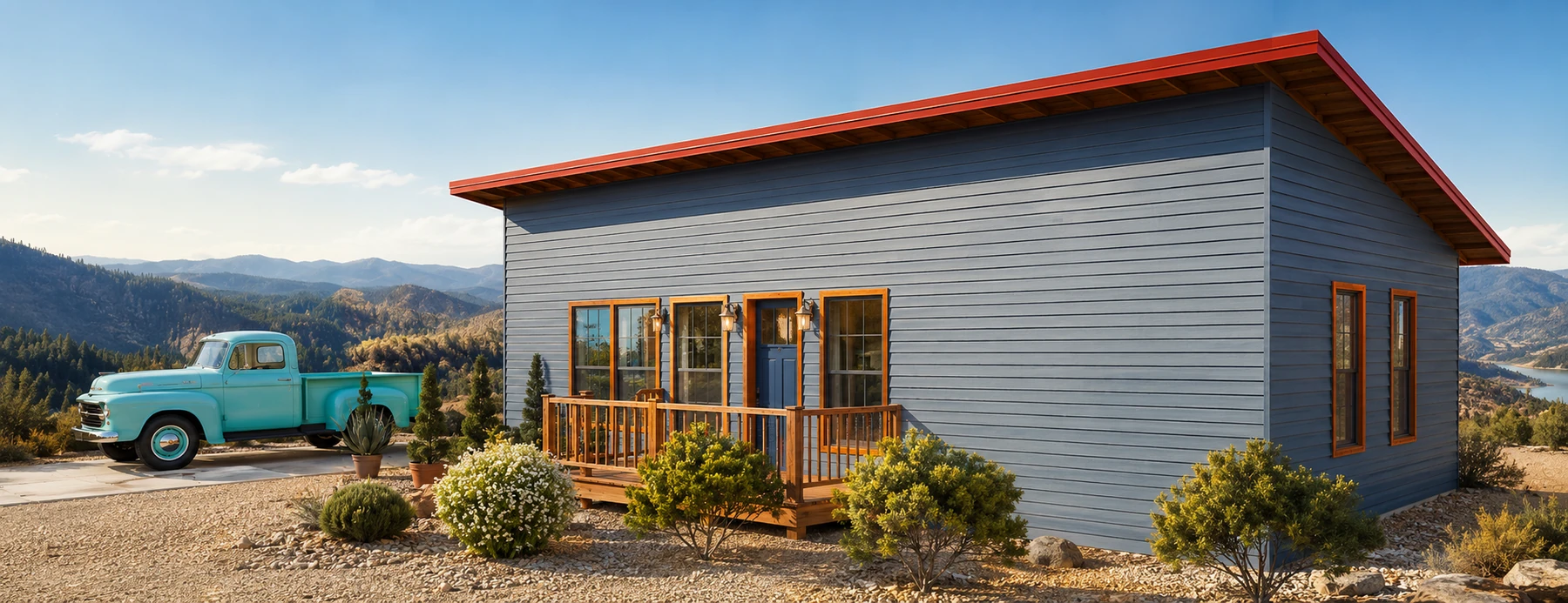 High-end rendering of a compact contemporary gray casita with a red single-slope roof, wood-trimmed windows, small entry deck, vintage truck, and mountain landscape