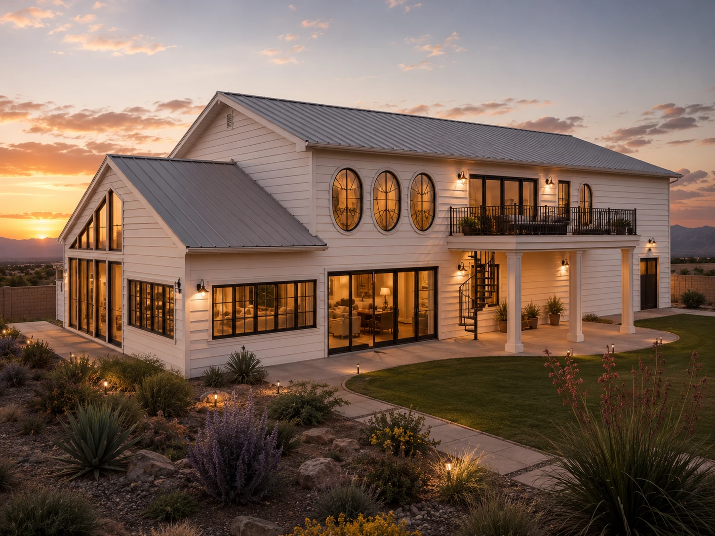 High-end rendering of a two-story white residence with circular windows, balcony, spiral stair, large glass doors, and New Mexico landscaping at sunset