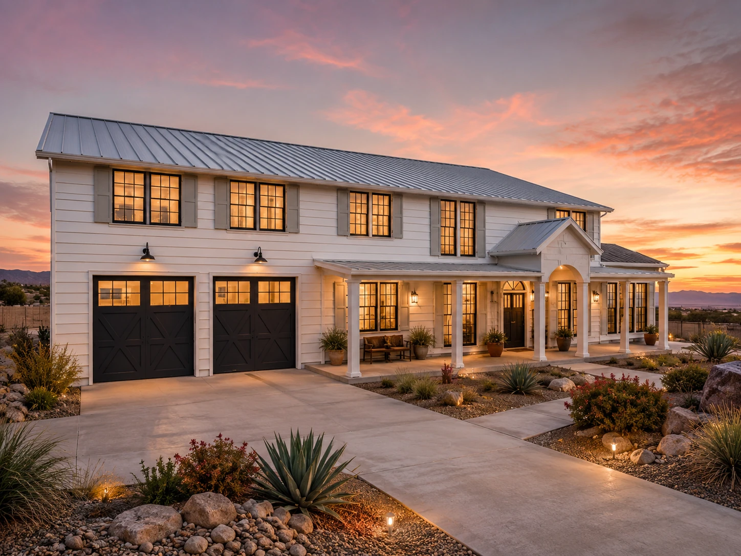 High-end front rendering of a two-story farmhouse-style residence with two garages, covered porch, metal roof, and desert landscaping at sunset