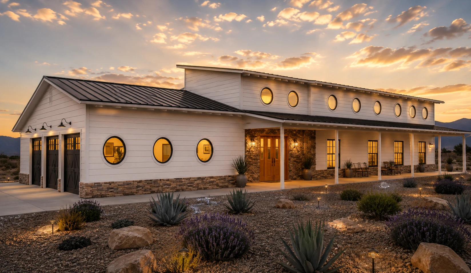 High-end rendering of a custom New Mexico residence with circular windows, standing-seam roofs, stone accents, covered porch, and desert landscaping at sunset